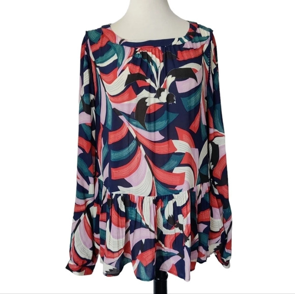 ANTHROPOLOGIE MAEVE Cheyenne Abstract Bird Print Peplum Blouse Top L NWOT - Picture 1 of 12